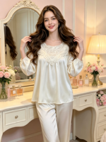 Pyjama long en satin uni et lisse pour femme, taille élastique, manches longues, style décontracté et luxueux, idéal pour le printemps