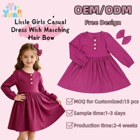Robe personnalisable à manches longues pour petites filles, avec patte de boutonnage décorative sur le devant, coupe ample, et kit nœud pour cheveux, idéale pour les activités de plein air des enfants
