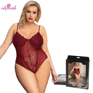 Hoge Kwaliteit Beugel Red See Through Lace Teddy Sex Plus Size Vrouwen Sexy Bodysuit Transparant Met Lingerie Doos