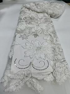 Tissu KC de luxe en tulle brodé de fleurs 3D, perles et sequins, tissu en maille brodée pour robe de mariée africaine Aso Ebi, robe de soirée - Product Image 6