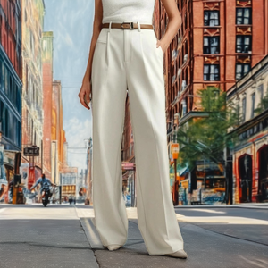 Pantalon droit taille haute pour femme en tissu peigné anti-boulochage, coupe décontractée ample, longueur pleine, devant plat, fermeture éclair, blanc minimaliste - Product Image 2