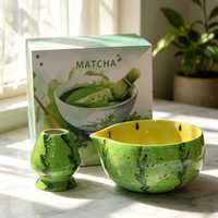 Ensemble de bols à matcha en céramique jaune pastèque, 4 à 8 pièces, avec fouet, support, cuillère et boîte cadeau, personnalisable avec logo OEM, pour débutants en thé