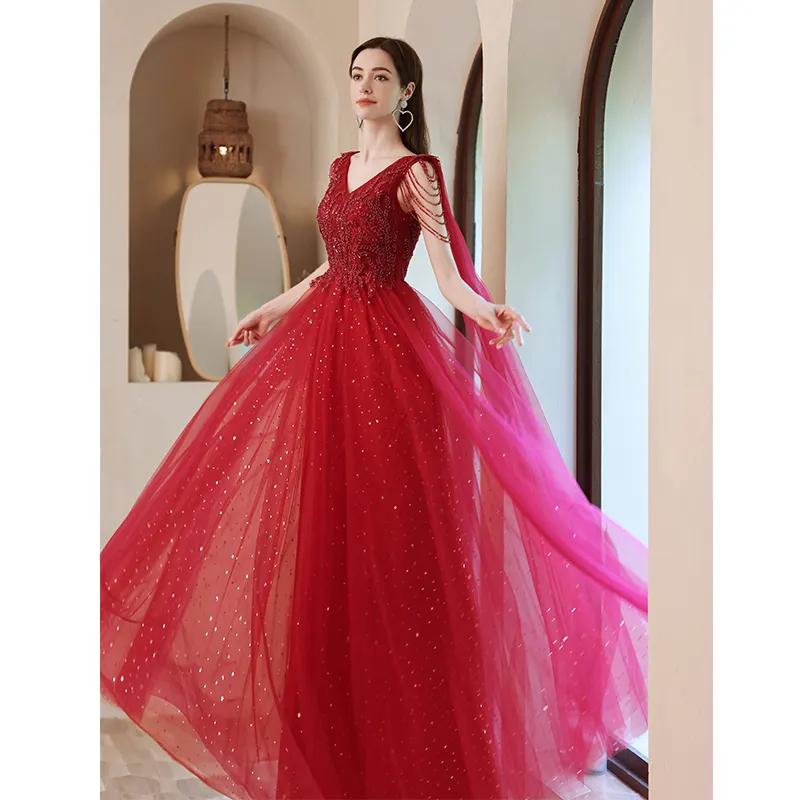 Hot Sale Hight Quality Luxury Red Evening Dress Beads Sequin V Neck Backless Crystal Party Prom Women Formal Dress