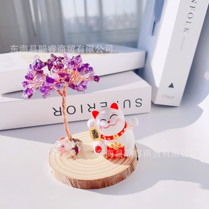 Arbre à Monnaie en Cristal Naturel avec Chat Porte-Bonheur sur Base en Bois, Décoration d'Intérieur, Cadeau d'Affaires - Product Image 3