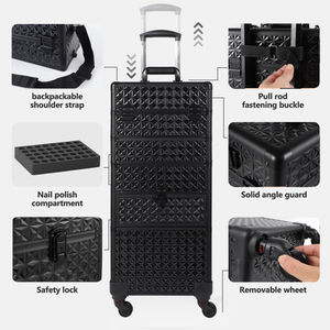 <b>Professional</b> Double Aluminum <b>Makeup</b> Train <b>Case</b> Rolling Cosmetic Trolley with Tray Black Storage Organizer for Travel Salon - Product Image 2