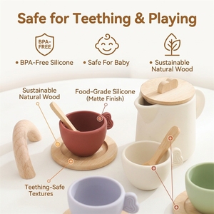 Ensemble de thé de l'après-midi Montessori en silicone et bois, jouet de <span class=keywords><strong>cuisine</strong></span> d'imitation pour tout-petits, jouet sensoriel de dentition de qualité alimentaire, vente en gros - Product Image 2