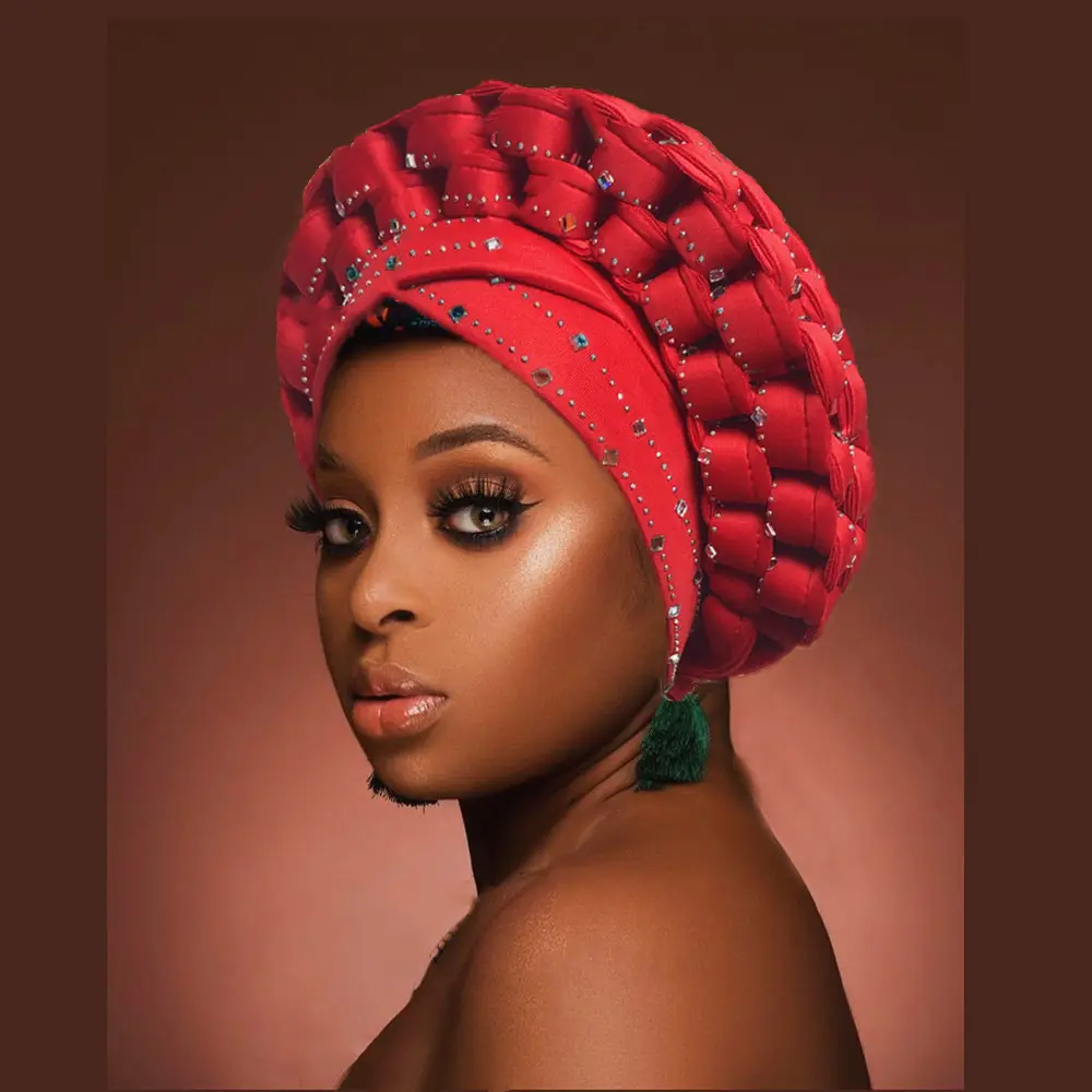 Готов к отправке, новейшие нигерийские кепки, африканская Поворотная головная повязка, модный головной убор Aso Oke, мусульманский хиджаб, Женский тюрбан со стразами