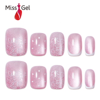 Miss Gel 32PCS Faux Ongles Courts Squoval Effet Œil de Chat Rose avec Dentelle Blanche et Pois Souples en ABS – Vente en Gros OEM ODM
