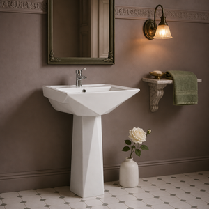 Lavabo quadrato autoportante <span class=keywords><strong>con</strong></span> base divisa e design smussato a taglio diamantato, lavabo moderno in ceramica per <span class=keywords><strong>bagno</strong></span>, lavabo da terra - Product Image 2