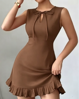 Robe mini unie décontractée et sexy à col halter, avec dentelle, ourlet à volants et nœud, respirante, avec fermetures éclair décoratives, pour le printemps, style international et modeste