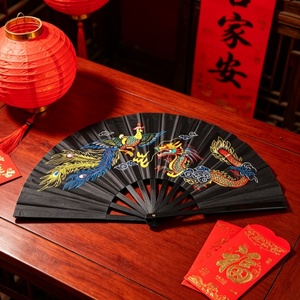 Abanico Plegable Negro Pintado con Patrón Tradicional de Dragón y Fénix, Símbolo Chino de la Suerte, Recuerdo de Boda, Decoración de Pared para Salón de Té, Artes Marciales - Product Image 5