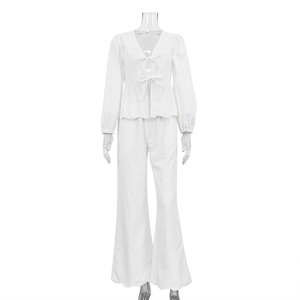 Set di camicette e pantaloni da <span class=keywords><strong>donna</strong></span> in cotone 2025 stile bianco Chic - Product Image 3
