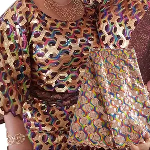 2021新款高品质薄纱非洲尼日利亚亮片蕾丝面料刺绣缝制连衣裙5码纱材料2517