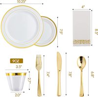 Service de vaisselle en or 175 pièces 25 invités-50 assiettes en plastique à bord doré-75 couverts en plastique-25 tasses en plastique doré-25 serviettes