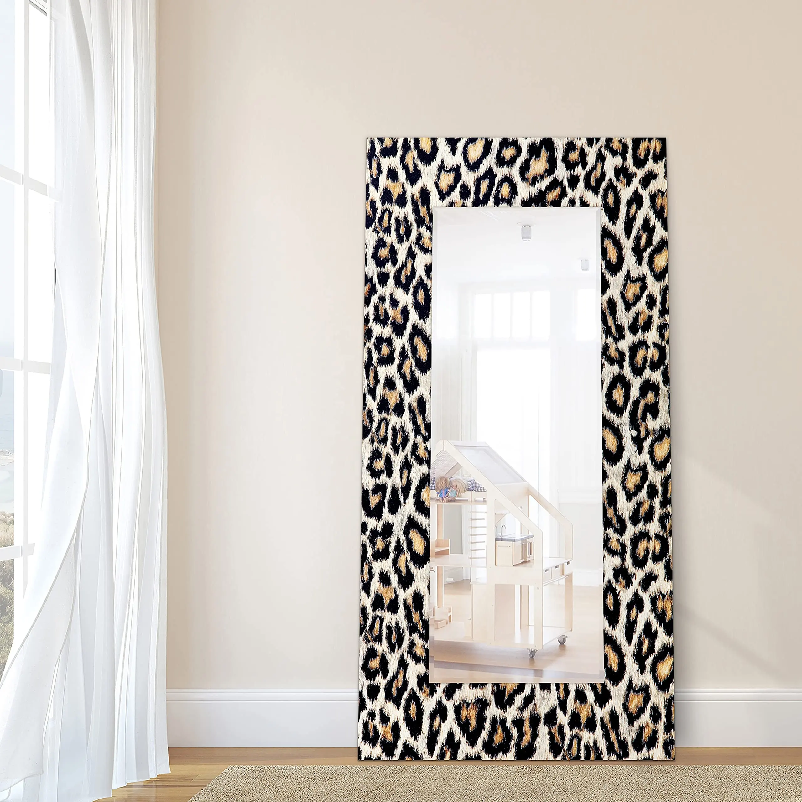 Leopardo vidrio templado claro grandes espejos largos decoración pared maquillaje vanidad espejo piso espejo para sala de estar de lujo