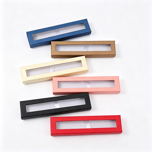 Boîte à stylos en papier de couleur unie avec couvercle et base, fenêtre transparente, boîte cadeau bronzée, design rectangulaire, emballage de luxe pour stylos - Product Image 1