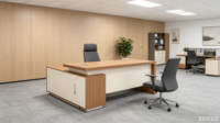 Bureau de direction en L contemporain en bois écologique, finition noyer, gris foncé, pour bureau commercial – Vente en gros