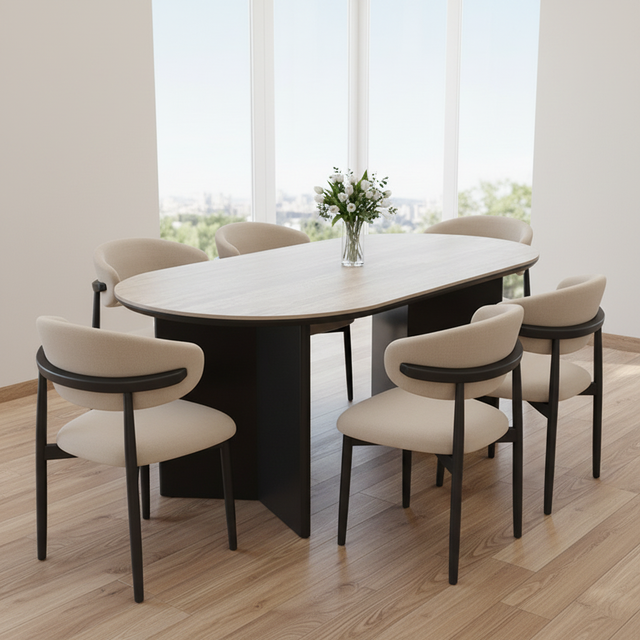 Wholesale Prices Nordic French Retro Oval Walnut Wood Stone Slab Tabletop Dining Table Set with 6 Chairs Dining Room Furniture