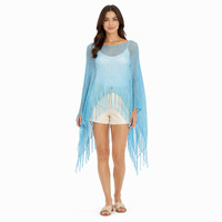 Poncho en tricot personnalisé OEM ODM pour femme, bleu clair, à franges, cache-maillot de plage, cape en tricot ajouré, ourlet asymétrique, pour l'été
