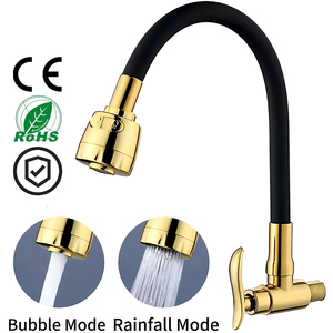 Robinet de cuisine mural moderne à double mode, en zinc doré brossé, avec douchette extractible et flexible en silicone, rotation à 360 degrés - Product Image 1