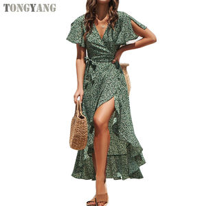 TONGYANG Abito Lungo Estivo da Spiaggia per Donna, Stampa Floreale Boho in Chiffon <span class=keywords><strong>con</strong></span> Volant, Casual <span class=keywords><strong>con</strong></span> Scollo a V e Spacco Sexy per Feste - Product Image 1