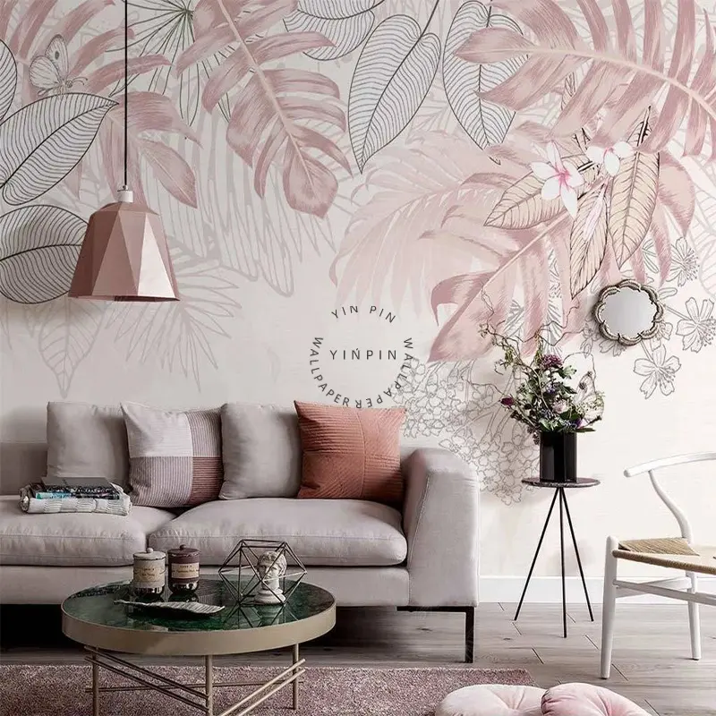 Papel pintado de planta tropical Rosa pintado a mano hojas Fondo interior mural de pared