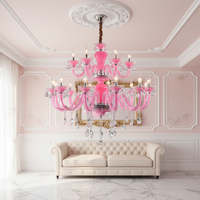 Lustre en cristal rose moderne de style européen, taille moyenne, LED, hauteur réglable, télécommande, variateur d'intensité, garantie 3 ans, pour salon