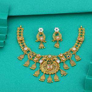 Conjunto de Collar de Oro Tradicional con Pendientes, Joyería Nupcial de Templo, Diseño Antiguo, Estilo Étnico Indio para Bodas - Product Image 3