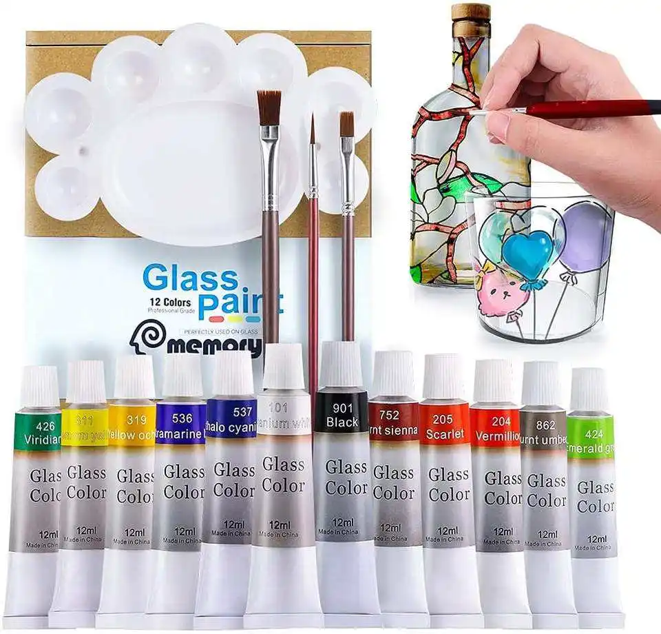 Merek Memori 12 Warna 12Ml Set Cat Kaca Cat DIY dengan Palet dan Kuas Perlengkapan Seni Akrilik