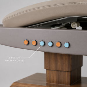 Table de soin électrique réglable beige en cuir matelassé avec poteaux en bois pour spa, massage, soins du visage et salon, commande à 6 boutons - Product Image 4