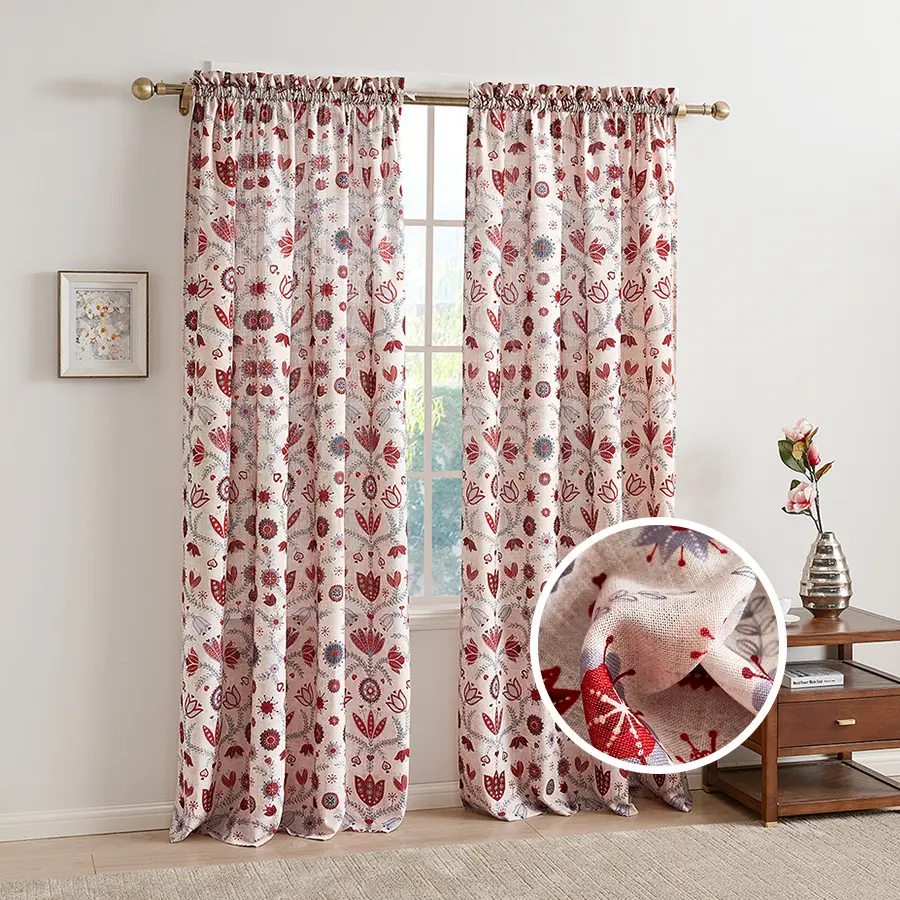 Wholesale Pastoral Red Floral Printing Custom Curtain Living Room Bedroom Hotel Window Curtain