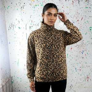 Sudadera con Capucha y Media Cremallera Color Leopardo, 100% Algodón Velour, Impresión Digital, Bordado, Cuello Ancho, Oversize, Invierno, CLUSH SPORTS - Product Image 1