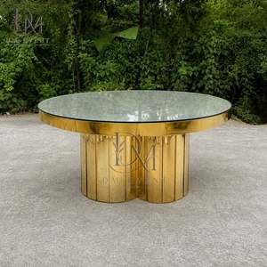 Table de banquet ronde en acier inoxydable doré avec base en colonne festonnée et plateau en verre trempé miroir, vente en gros - Product Image 2