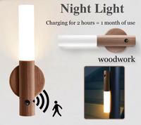 Lampu malam magnetik LED Sensor gerak PIR otomatis, lampu dinding kayu lampu kabinet dapur dapat diisi ulang