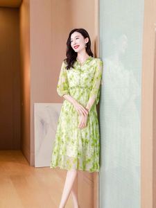 Elegant Summer Midi Dress Fresh Print on Woven Silk Chiffon Cinched Waist Natural Waistline <b>Lace</b> Decoration Washable - Product Image 6