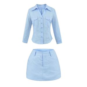 Women Custom Sexy Summer Soft Terry Towel Cloth <b>Suit</b> Loungewear Top <b>Button</b> Down Crop Shirt Beach Skirt 2-pieces Sets - Product Image 6