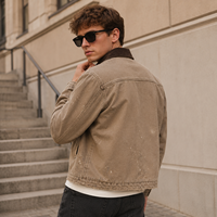Veste Homme Vintage en Toile de Coton Délavée et Vieillie avec Col en Velours Côtelé, Style Streetwear Décontracté et Robuste pour le Travail – Vente en Gros