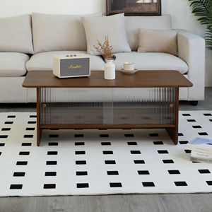 47-Inch Rectangular Modern Minimalist Wood <b>Coffee</b> <b>Table</b> with Storage Cabinet and Glass Sliding Doors for Living Room - Product Image 2