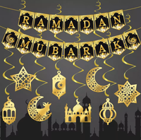 2026 Ramadan Eid Mubarak Dekoration Gold Schwarz Papierbanner Islamische Ornamente Muslimische Party Hängende Dekorationen Flaggen Handwerk Langlebig