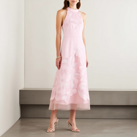 Robe Midi Formelle d'Été Rose Clair Personnalisée OEM, Sans Manches, Col Halter, Longueur Thé, Broderie Florale, Ourlet en Tulle Illusion pour Femme