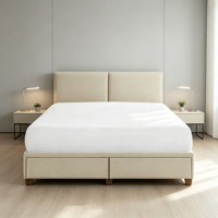 Lit avec tête de lit élégante et panneaux, rembourré, avec rangement, en cuir beige, avec tiroirs, cadre de lit King Size, mobilier de chambre