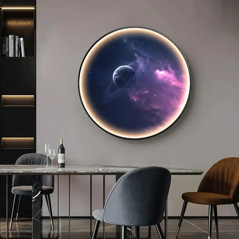 POLA 현대 장식 그림 LED 우주 별이 빛나는 하늘 라운드 그림 풍경 크리스탈 도자기 벽 예술 회화 가정 장식