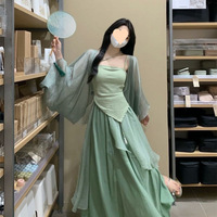 Vestido Hanfu de Estilo Chino Moderno para Mujer, Conjunto de Tres Piezas, Verde, Hombros Descubiertos, Largo hasta el Suelo, Cintura Imperio, Acrílico, Casual