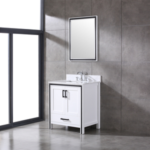 Industrial White Wooden <b>Freestanding</b> Bathroom Vanity <b>Unit</b>, Marble Top Wash Basin Cabinet with Framed Mirror for Home & Hotel - Product Image 4