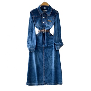 Stile retrò monopetto con risvolto a maniche lunghe Denim abito da donna nuova cintura in vita Cinching gonna lunga dimagrante - Product Image 5