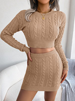 Ensemble deux pièces en tricot torsadé pour femme, haut court à col rond et jupe mini moulante taille haute, tenue rétro pour l'automne et le printemps