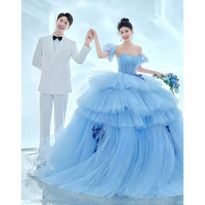 Blue Tulle Ball Gown Wedding Dress Sweetheart Neckline Empire Waistline For Indoor Photo Studio Shooting - Product Image 5