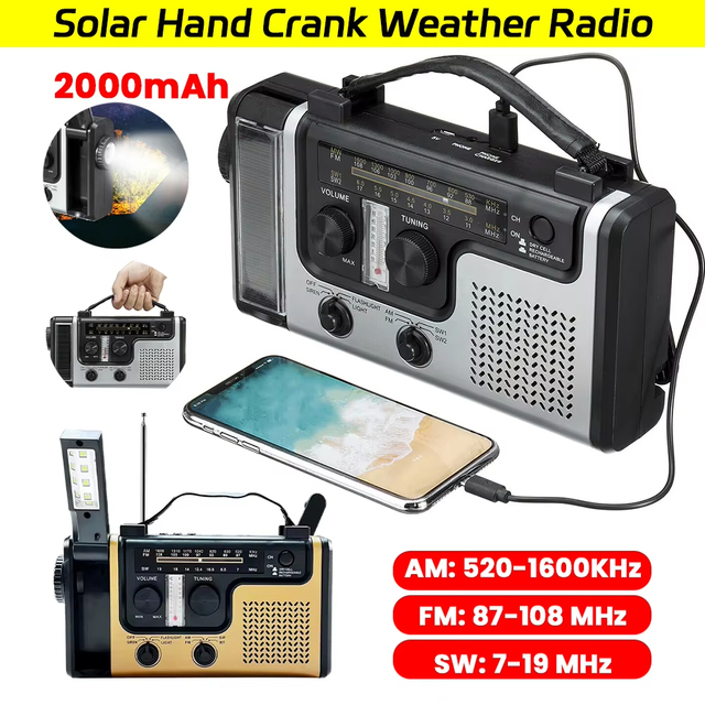 Multifunctional Solar Power Hand Crank Radio AM FM SW Emergency Weather Radio with Flashlight 2000mAh Phone Charger Power Bank