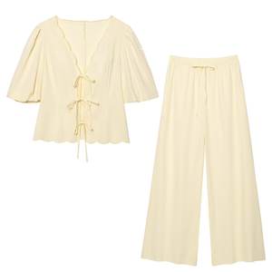 Abbigliamento da donna MYST & ZA 2025 estate nuova moda elegante camicia a sbuffo <span class=keywords><strong>in</strong></span> cotone e <span class=keywords><strong>lino</strong></span> Top pantaloni a vita alta - Product Image 1