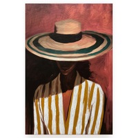 Peinture à l'huile abstraite peinte à la main sur toile roulée, art mural, femme au chapeau de paille, rouge moutarde, décoration moderne pour la maison